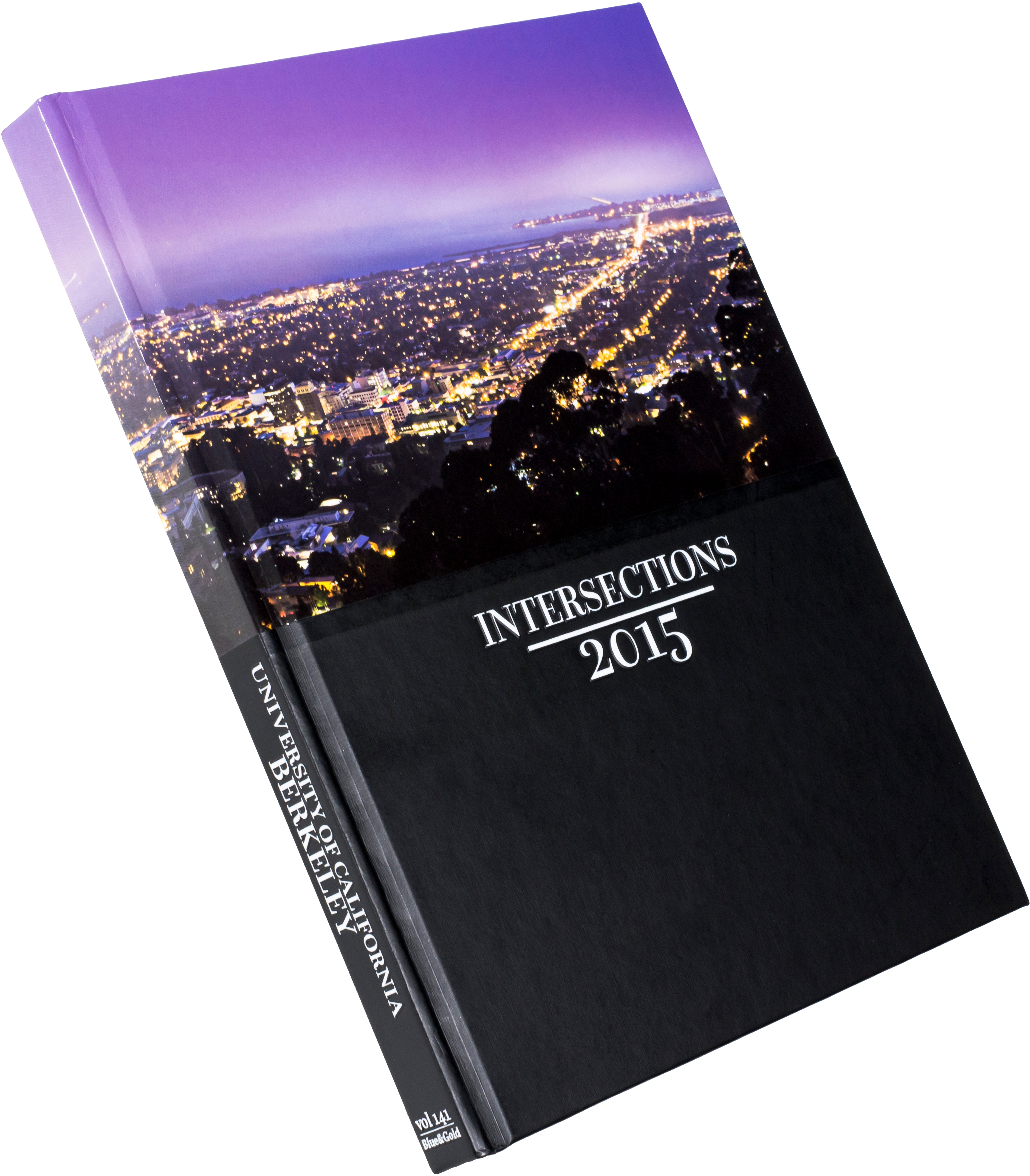 Yearbook with title 'Intersections' and date 2015. The spine says 'University of California Berkeley' and indicates volume 141. The top half of the cover features a photo overlooking the eastern part of the San Francisco Bay Area.